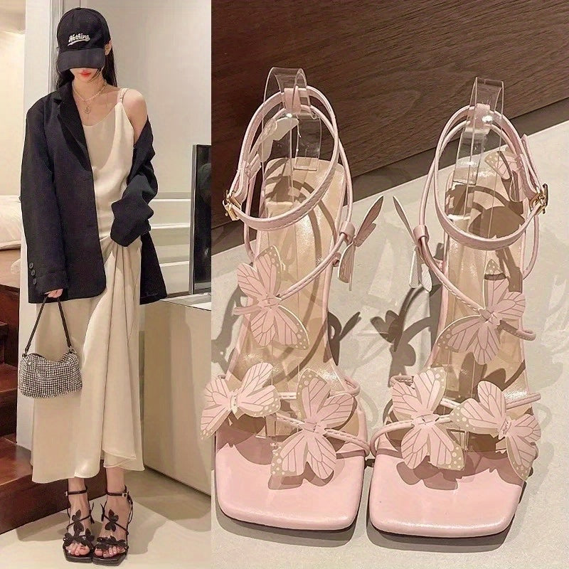 2025 Summer Butterfly Women'S High Heel Sandals - Square Toe Buckle Ankle Strap, Elegant Stiletto Heel, Breathable Microfiber Cover, Rubber Sole, Hand Washable - Perfect for Casual & Party Wear, Butterfly Sandals