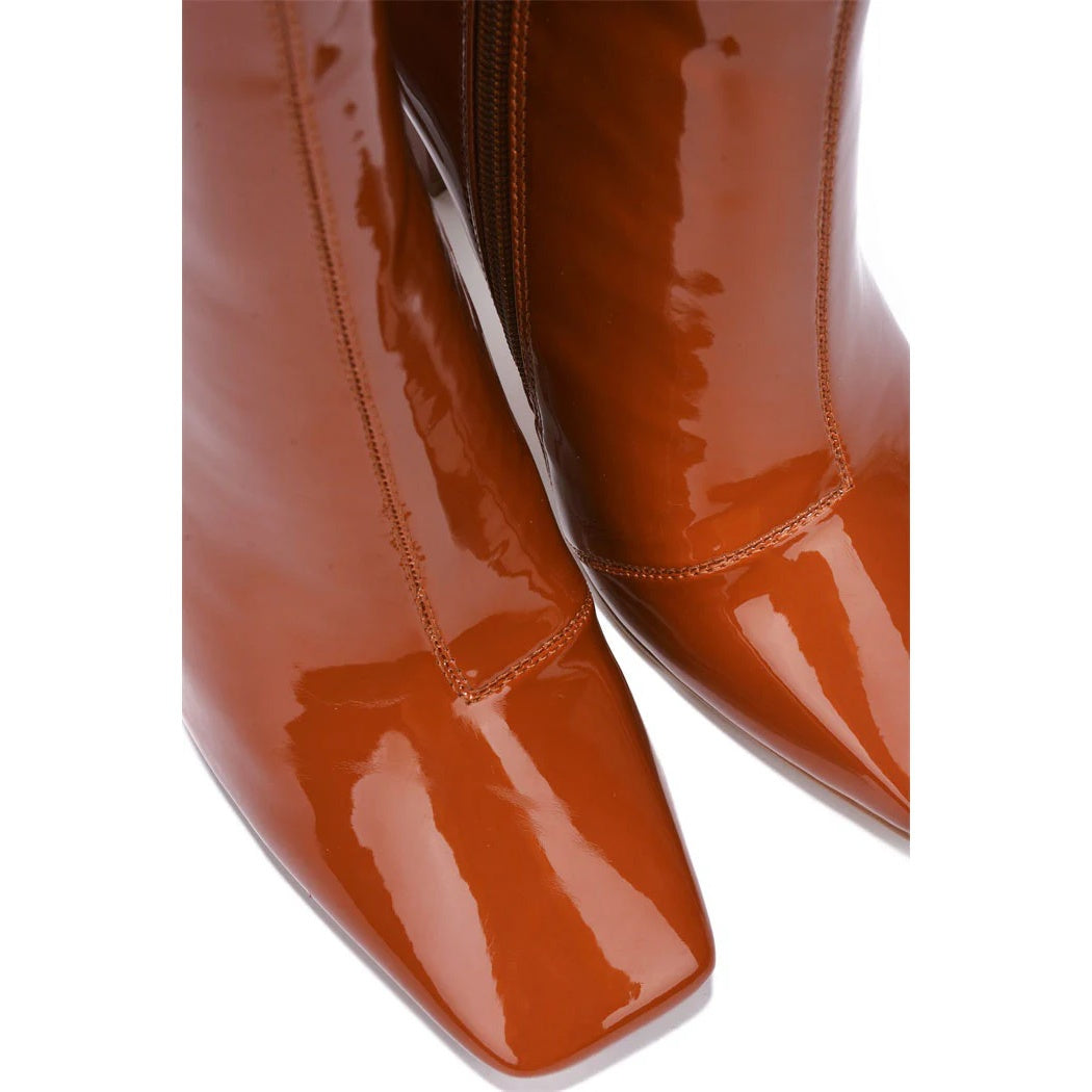 Luciene Women's Patent Leather Booties – Square Toe High Heel Mid-Calf Boots with Side Zipper