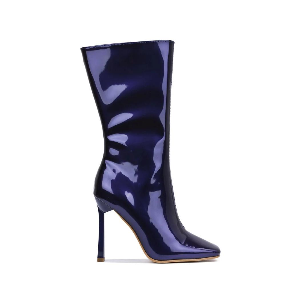 Luciene Women's Patent Leather Booties – Square Toe High Heel Mid-Calf Boots with Side Zipper