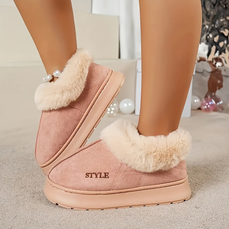 Warm Lining Plush Boots Thick Soft Sole Warm Lining Plush Boots - Women's Solid Color Single Color Non-Slip Insulated Snow Boots for Winter, Perfect for Gifting