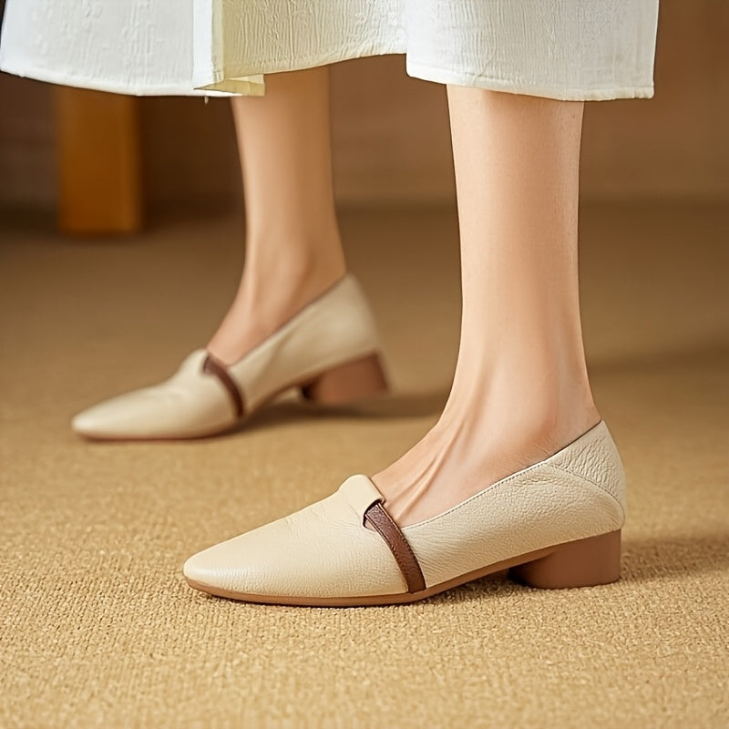 Women's Chic Color-Block Pointed Flats - Slip-On Synthetic Cover Flats with Rubber Sole, Beige & Brown Contrast Toe, Minimalist Design for All-Season Daily & Casual Wear