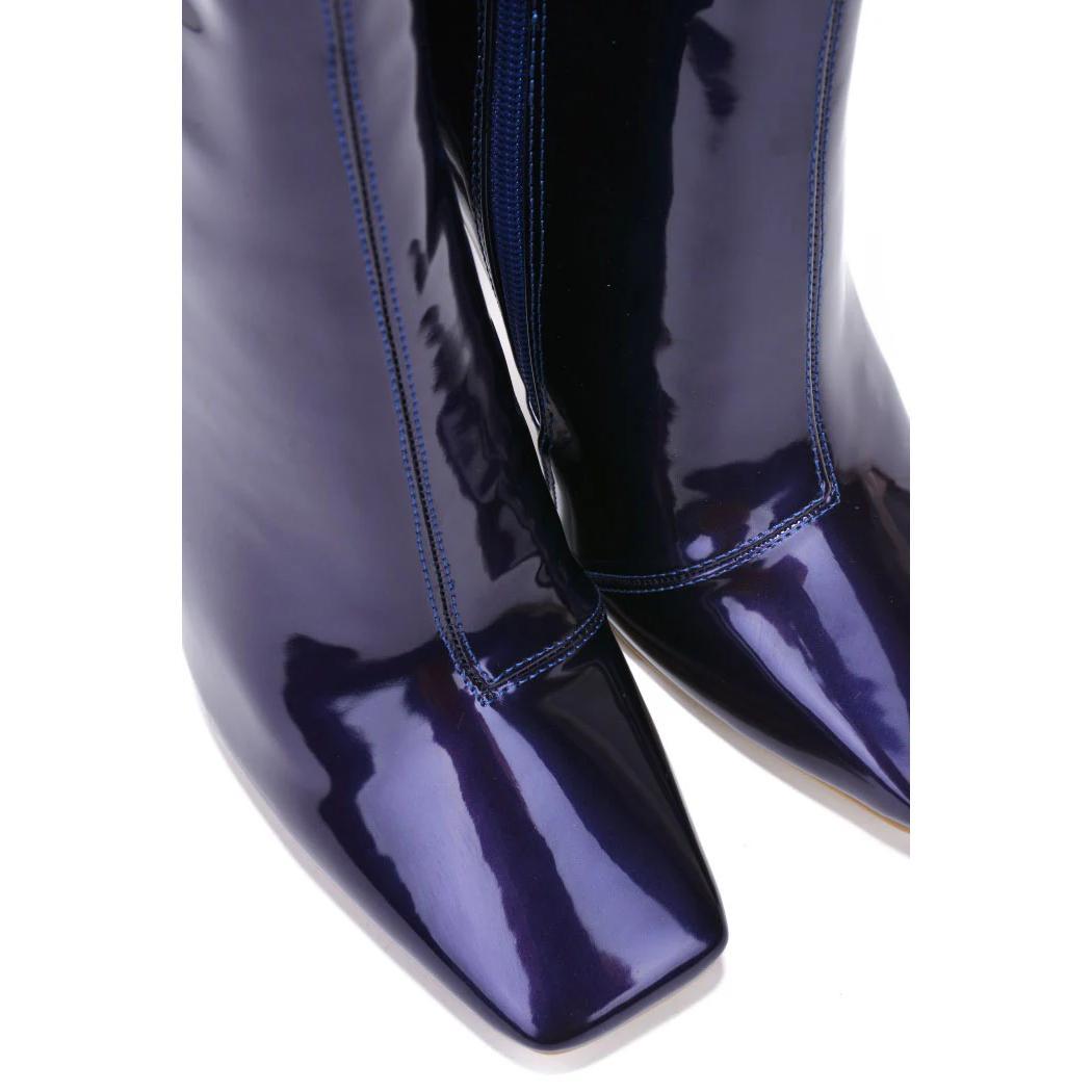 Luciene Women's Patent Leather Booties – Square Toe High Heel Mid-Calf Boots with Side Zipper