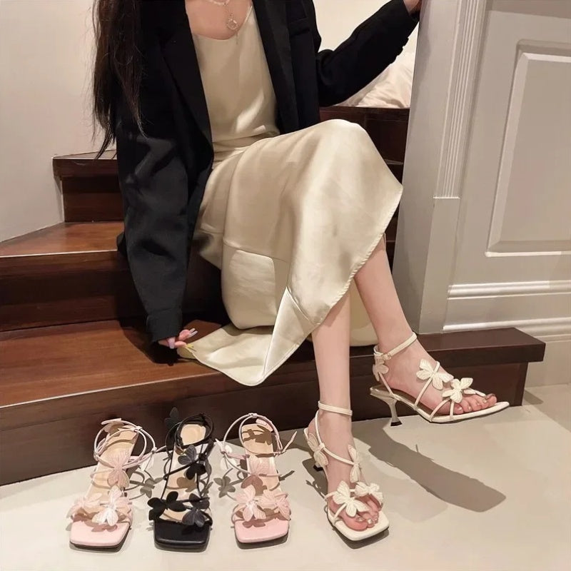 2025 Summer Butterfly Women'S High Heel Sandals - Square Toe Buckle Ankle Strap, Elegant Stiletto Heel, Breathable Microfiber Cover, Rubber Sole, Hand Washable - Perfect for Casual & Party Wear, Butterfly Sandals