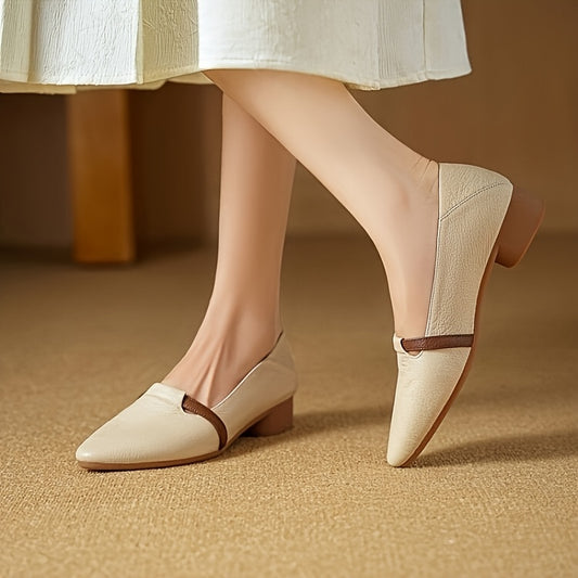 Women's Chic Color-Block Pointed Flats - Slip-On Synthetic Cover Flats with Rubber Sole, Beige & Brown Contrast Toe, Minimalist Design for All-Season Daily & Casual Wear