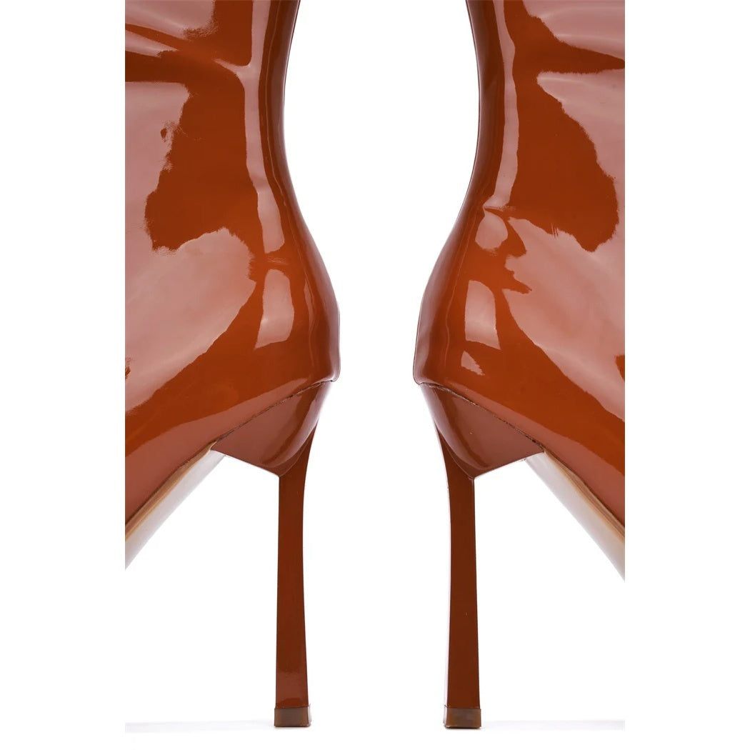 Luciene Women's Patent Leather Booties – Square Toe High Heel Mid-Calf Boots with Side Zipper