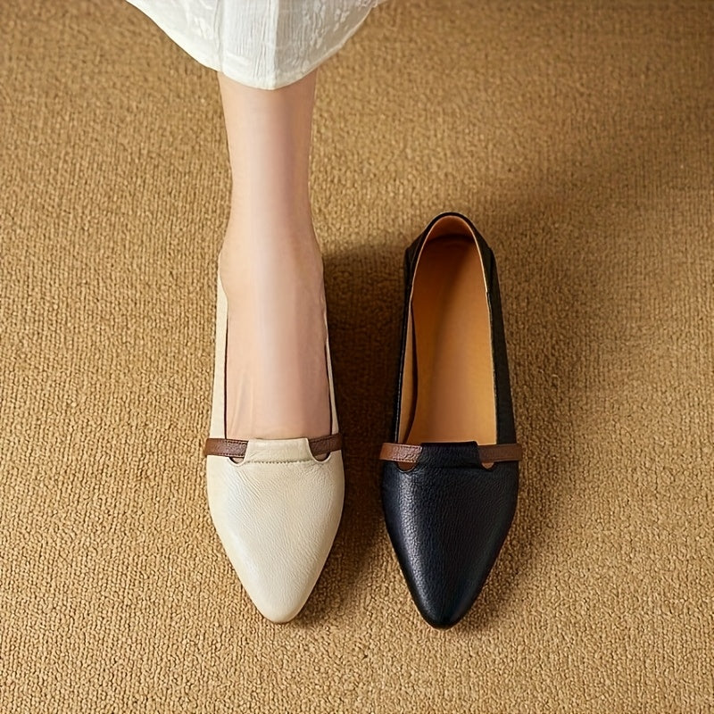 Women's Chic Color-Block Pointed Flats - Slip-On Synthetic Cover Flats with Rubber Sole, Beige & Brown Contrast Toe, Minimalist Design for All-Season Daily & Casual Wear