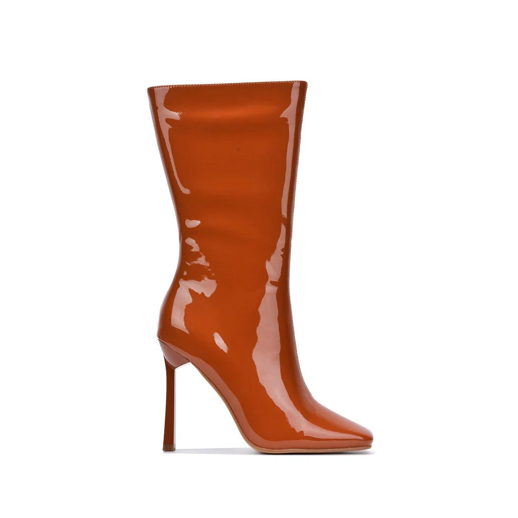 Luciene Women's Patent Leather Booties – Square Toe High Heel Mid-Calf Boots with Side Zipper