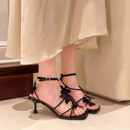 2025 Summer Butterfly Women'S High Heel Sandals - Square Toe Buckle Ankle Strap, Elegant Stiletto Heel, Breathable Microfiber Cover, Rubber Sole, Hand Washable - Perfect for Casual & Party Wear, Butterfly Sandals