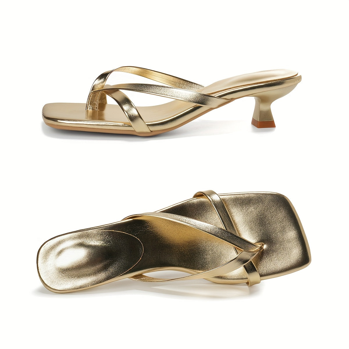 Elegant Kitten Heel Sandals Elegant Women's Golden Metallic Kitten Heel Sandals | Slip-On Ankle Strap with Adjustable Buckle, Comfortable Mid-Heel for Office, Beach, and Casual Outings - Durable Rubber Sole, Perfect for Summer Beach Footwear